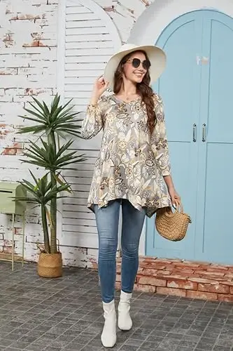 ENMAIN Womens Tunics Tops 3/4 Length Sleeve Plus Size Long Tops to Wear with Leggings Casual Loose Fit Dressy Flowy Blouses - 6