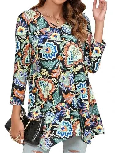ENMAIN Womens Tunics Tops 3/4 Length Sleeve Plus Size Long Tops to Wear with Leggings Casual Loose Fit Dressy Flowy Blouses 