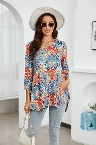 ENMAIN Womens Tunics Tops 3/4 Length Sleeve Plus Size Long Tops to Wear with Leggings Casual Loose Fit Dressy Flowy Blouses - MODAZONE (1)