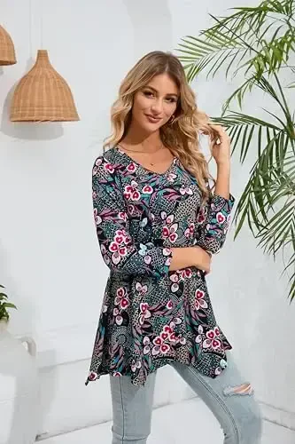 ENMAIN Womens Tunics Tops 3/4 Length Sleeve Plus Size Long Tops to Wear with Leggings Casual Loose Fit Dressy Flowy Blouses - 6