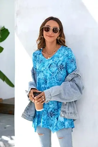 ENMAIN Kadın Tunik Üstler 3/4 Uzunlukta Kol Büyük Beden Uzun Üstler Taytlarla Giyilebilir Günlük Bol Kesim Şık Dökümlü Bluzlar - 14