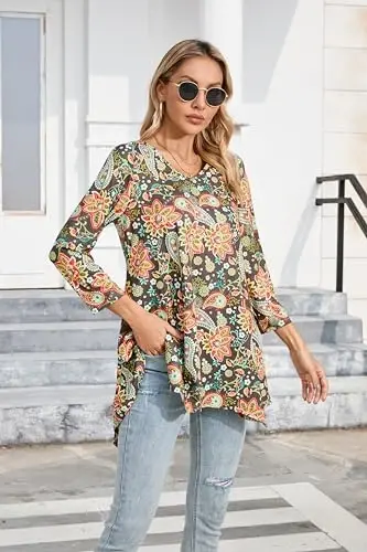 ENMAIN Womens Tunics Tops 3/4 Length Sleeve Plus Size Long Tops to Wear with Leggings Casual Loose Fit Dressy Flowy Blouses - 3