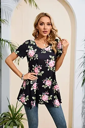 ENMAIN Tunic Tops for Women Plus Size Short Sleeve Top Loose Fit Dressy Casual Swing Summer Tunics Tops to Wear with Leggings - 2