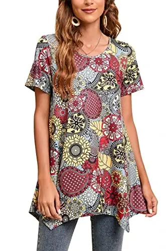 ENMAIN Tunic Tops for Women Plus Size Short Sleeve Top Loose Fit Dressy Casual Swing Summer Tunics Tops to Wear with Leggings 