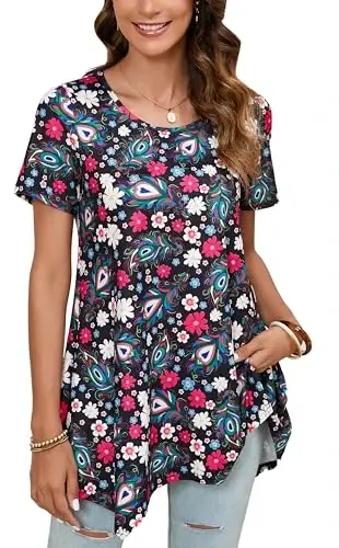 ENMAIN Tunic Tops for Women Plus Size Short Sleeve Top Loose Fit Dressy Casual Swing Summer Tunics Tops to Wear with Leggings 