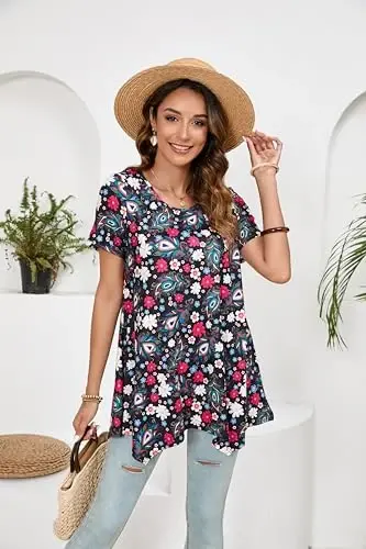 ENMAIN Tunic Tops for Women Plus Size Short Sleeve Top Loose Fit Dressy Casual Swing Summer Tunics Tops to Wear with Leggings - 5