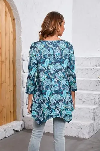 ENMAIN Tunic Tops for Women 3/4 Sleeve Plus Size Women's Tunics Loose Fit Floral Swing Flare Ladies Blouse for Leggings - 2