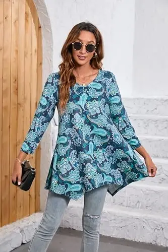 ENMAIN Tunic Tops for Women 3/4 Sleeve Plus Size Women's Tunics Loose Fit Floral Swing Flare Ladies Blouse for Leggings - 3