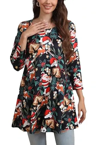 ENMAIN Tunic Tops for Women 3/4 Sleeve Plus Size Women's Tunics Loose Fit Floral Swing Flare Ladies Blouse for Leggings - 1
