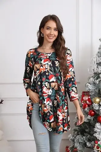 ENMAIN Tunic Tops for Women 3/4 Sleeve Plus Size Women's Tunics Loose Fit Floral Swing Flare Ladies Blouse for Leggings - 2