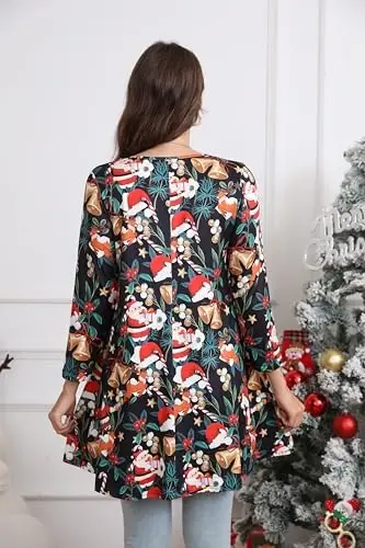 ENMAIN Tunic Tops for Women 3/4 Sleeve Plus Size Women's Tunics Loose Fit Floral Swing Flare Ladies Blouse for Leggings - 3