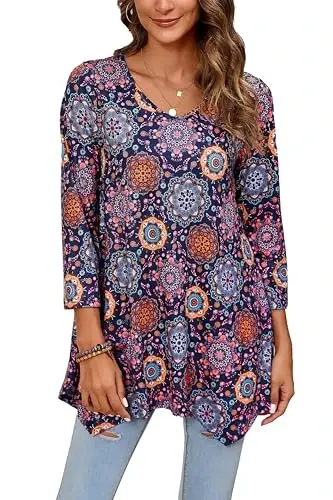 ENMAIN Tunic Tops for Women 3/4 Sleeve Plus Size Women's Tunics Loose Fit Floral Swing Flare Ladies Blouse for Leggings - 1