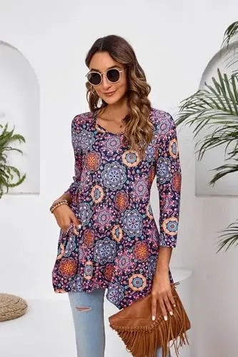 ENMAIN Tunic Tops for Women 3/4 Sleeve Plus Size Women's Tunics Loose Fit Floral Swing Flare Ladies Blouse for Leggings - 5