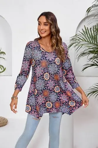 ENMAIN Tunic Tops for Women 3/4 Sleeve Plus Size Women's Tunics Loose Fit Floral Swing Flare Ladies Blouse for Leggings - ENMAIN (1)