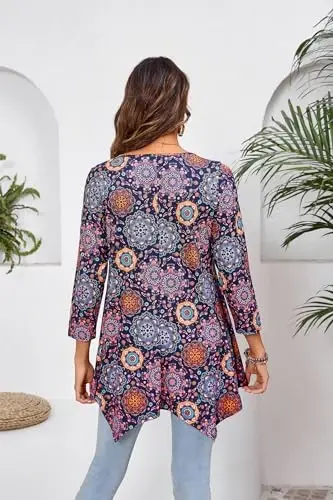 ENMAIN Tunic Tops for Women 3/4 Sleeve Plus Size Women's Tunics Loose Fit Floral Swing Flare Ladies Blouse for Leggings - 3