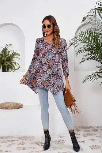 ENMAIN Tunic Tops for Women 3/4 Sleeve Plus Size Women's Tunics Loose Fit Floral Swing Flare Ladies Blouse for Leggings - 6