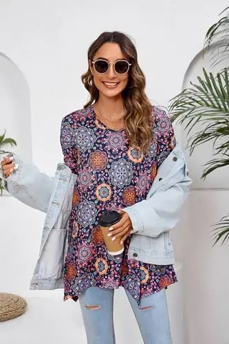 ENMAIN Tunic Tops for Women 3/4 Sleeve Plus Size Women's Tunics Loose Fit Floral Swing Flare Ladies Blouse for Leggings - 7
