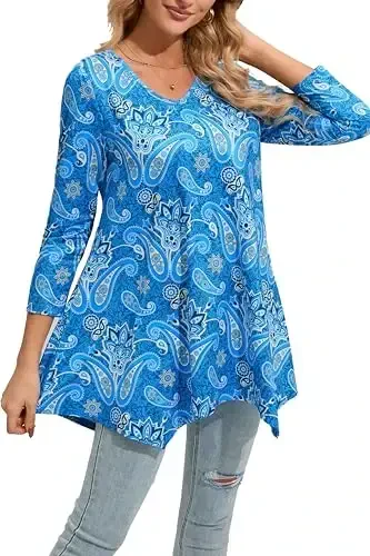 ENMAIN Womens Tunics Tops 3/4 Length Sleeve Plus Size Long Tops to Wear with Leggings Casual Loose Fit Dressy Flowy Blouses - MODAZONE