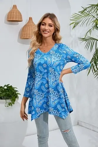 ENMAIN Womens Tunics Tops 3/4 Length Sleeve Plus Size Long Tops to Wear with Leggings Casual Loose Fit Dressy Flowy Blouses - 3