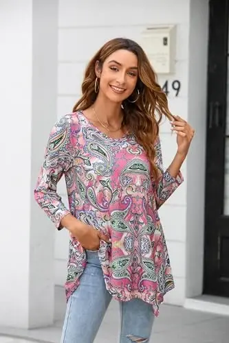 ENMAIN Womens Tops 3/4 Sleeve Plus Size Tunics to Wear with Leggings Dressy Casual Loose Blouses Swing Flare T-Shirt S-5XL - 3