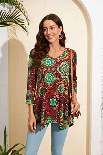 ENMAIN Womens Tops 3/4 Sleeve Plus Size Tunics to Wear with Leggings Dressy Casual Loose Blouses Swing Flare T-Shirt S-5XL - 3