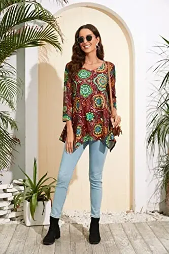 ENMAIN Womens Tops 3/4 Sleeve Plus Size Tunics to Wear with Leggings Dressy Casual Loose Blouses Swing Flare T-Shirt S-5XL - 5