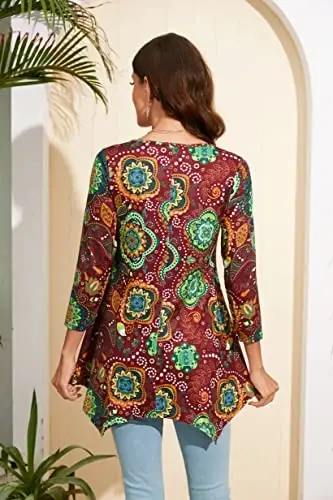 ENMAIN Womens Tops 3/4 Sleeve Plus Size Tunics to Wear with Leggings Dressy Casual Loose Blouses Swing Flare T-Shirt S-5XL - 2