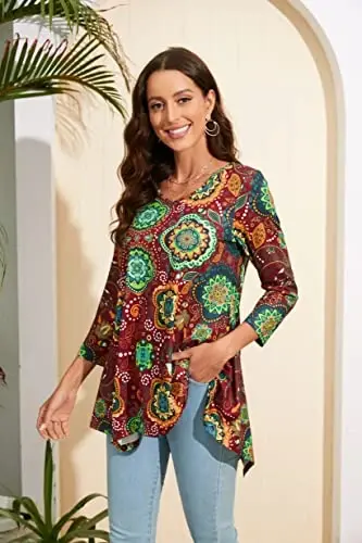 ENMAIN Womens Tops 3/4 Sleeve Plus Size Tunics to Wear with Leggings Dressy Casual Loose Blouses Swing Flare T-Shirt S-5XL - 4