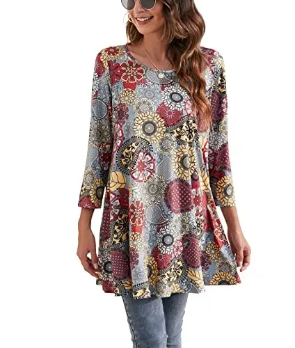 ENMAIN Womens Tops 3/4 Sleeve Plus Size Tunics to Wear with Leggings Dressy Casual Loose Blouses Swing Flare T-Shirt S-5XL - 1