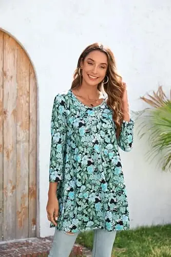 ENMAIN Womens Tops 3/4 Sleeve Plus Size Tunics to Wear with Leggings Dressy Casual Loose Blouses Swing Flare T-Shirt S-5XL - 2