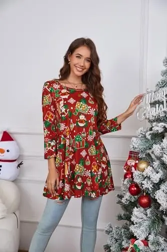 ENMAIN Womens Tops 3/4 Sleeve Plus Size Tunics to Wear with Leggings Dressy Casual Loose Blouses Swing Flare T-Shirt S-5XL - 2