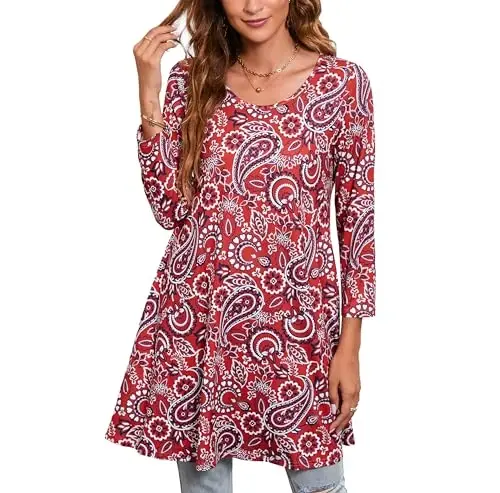 ENMAIN Womens Tops 3/4 Sleeve Plus Size Tunics to Wear with Leggings Dressy Casual Loose Blouses Swing Flare T-Shirt S-5XL 