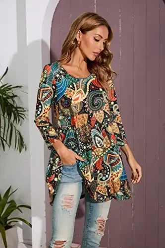 ENMAIN Womens Tops 3/4 Sleeve Plus Size Tunics to Wear with Leggings Dressy Casual Loose Blouses Swing Flare T-Shirt S-5XL - ENMAIN (1)