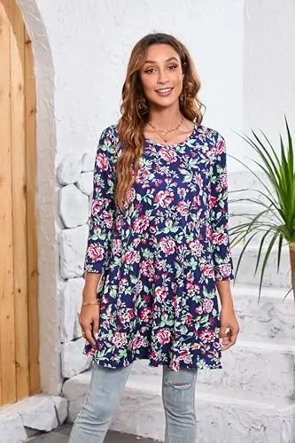 ENMAIN Womens Tops 3/4 Sleeve Plus Size Tunics to Wear with Leggings Dressy Casual Loose Blouses Swing Flare T-Shirt S-5XL - 3