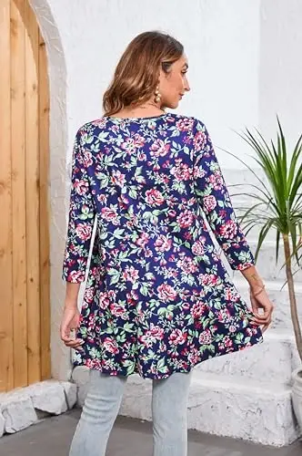 ENMAIN Womens Tops 3/4 Sleeve Plus Size Tunics to Wear with Leggings Dressy Casual Loose Blouses Swing Flare T-Shirt S-5XL - 2