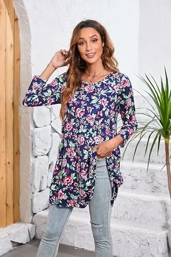 ENMAIN Womens Tops 3/4 Sleeve Plus Size Tunics to Wear with Leggings Dressy Casual Loose Blouses Swing Flare T-Shirt S-5XL - 4