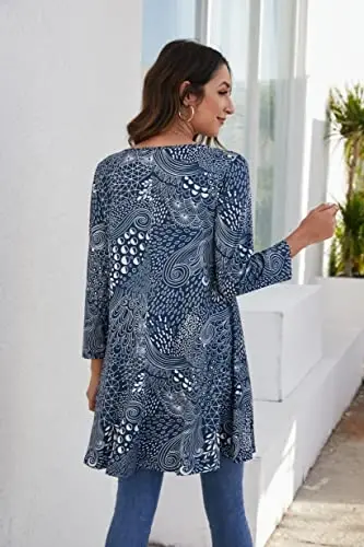 ENMAIN Womens Tops 3/4 Sleeve Plus Size Tunics to Wear with Leggings Dressy Casual Loose Blouses Swing Flare T-Shirt S-5XL - 2