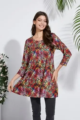 ENMAIN Womens Tops 3/4 Sleeve Plus Size Tunics to Wear with Leggings Dressy Casual Loose Blouses Swing Flare T-Shirt S-5XL - 3