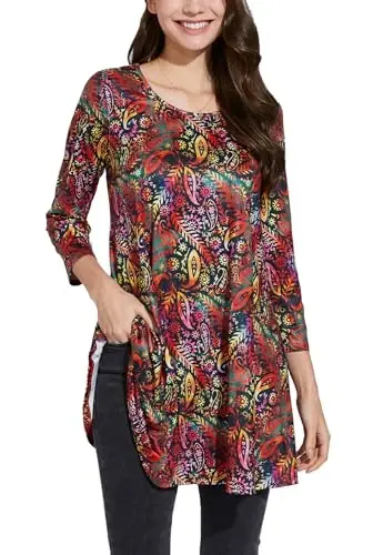 ENMAIN Womens Tops 3/4 Sleeve Plus Size Tunics to Wear with Leggings Dressy Casual Loose Blouses Swing Flare T-Shirt S-5XL - ENMAIN