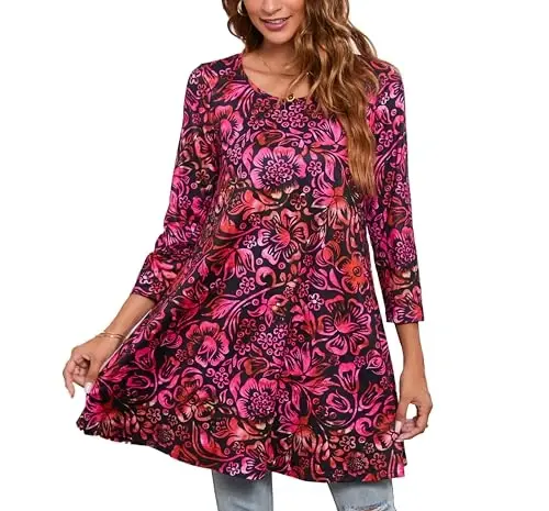 ENMAIN Womens Tops 3/4 Sleeve Plus Size Tunics to Wear with Leggings Dressy Casual Loose Blouses Swing Flare T-Shirt S-5XL - 1