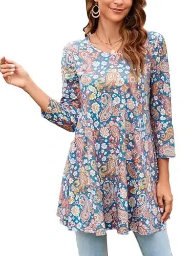 ENMAIN Womens Tops 3/4 Sleeve Plus Size Tunics to Wear with Leggings Dressy Casual Loose Blouses Swing Flare T-Shirt S-5XL - ENMAIN