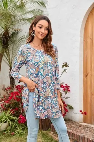 ENMAIN Womens Tops 3/4 Sleeve Plus Size Tunics to Wear with Leggings Dressy Casual Loose Blouses Swing Flare T-Shirt S-5XL - 3