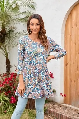 ENMAIN Womens Tops 3/4 Sleeve Plus Size Tunics to Wear with Leggings Dressy Casual Loose Blouses Swing Flare T-Shirt S-5XL - 2