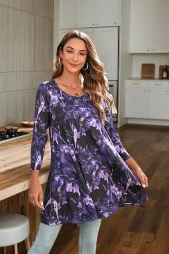 ENMAIN Womens Tops 3/4 Sleeve Plus Size Tunics to Wear with Leggings Dressy Casual Loose Blouses Swing Flare T-Shirt S-5XL - 3