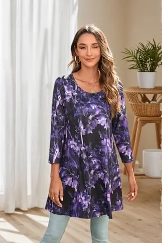 ENMAIN Womens Tops 3/4 Sleeve Plus Size Tunics to Wear with Leggings Dressy Casual Loose Blouses Swing Flare T-Shirt S-5XL - 4