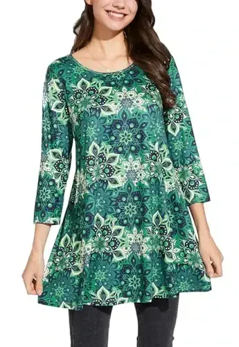 ENMAIN Womens Tops 3/4 Sleeve Plus Size Tunics to Wear with Leggings Dressy Casual Loose Blouses Swing Flare T-Shirt S-5XL 