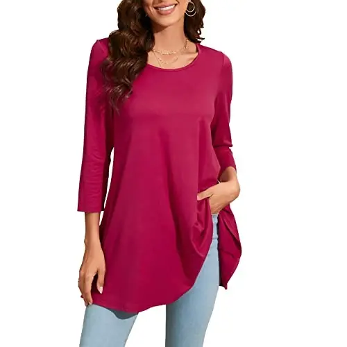 ENMAIN Womens Tops 3/4 Sleeve Plus Size Tunics to Wear with Leggings Dressy Casual Loose Blouses Swing Flare T-Shirt S-5XL 