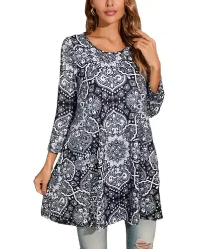 ENMAIN Womens Tops 3/4 Sleeve Plus Size Tunics to Wear with Leggings Dressy Casual Loose Blouses Swing Flare T-Shirt S-5XL 