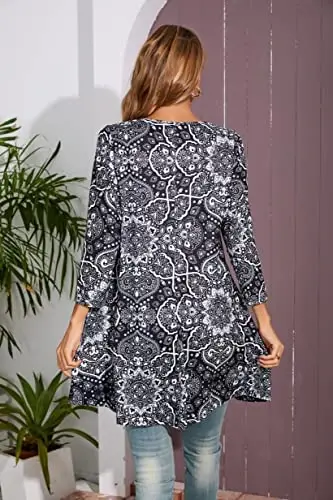 ENMAIN Womens Tops 3/4 Sleeve Plus Size Tunics to Wear with Leggings Dressy Casual Loose Blouses Swing Flare T-Shirt S-5XL - 2