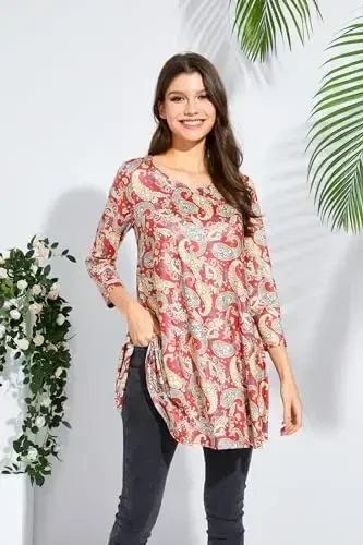 ENMAIN Womens Tops 3/4 Sleeve Plus Size Tunics to Wear with Leggings Dressy Casual Loose Blouses Swing Flare T-Shirt S-5XL - 4